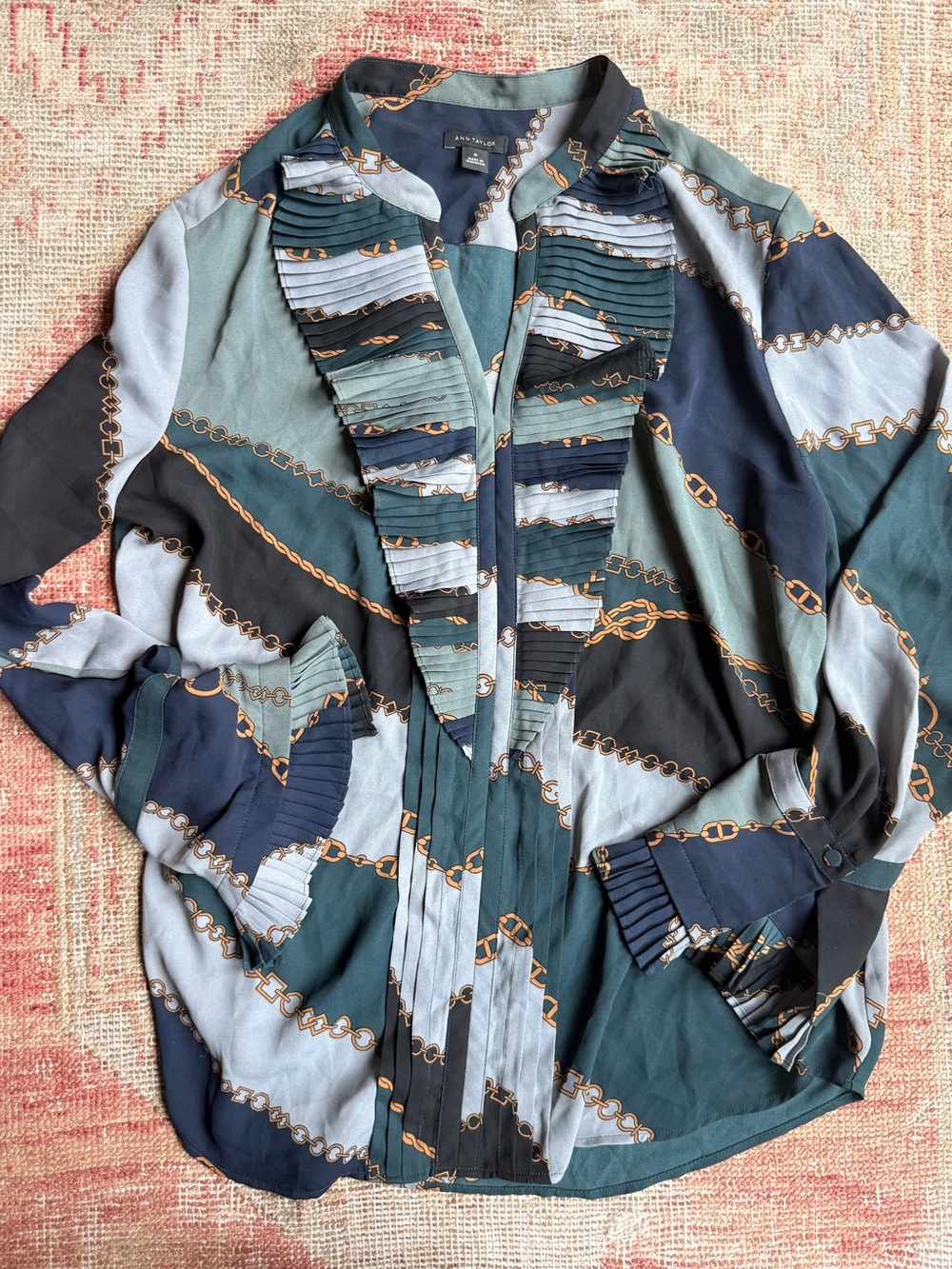 Ann Taylor Chain-Print Pleated Ruffle Blouse -coquette lightweight luxury